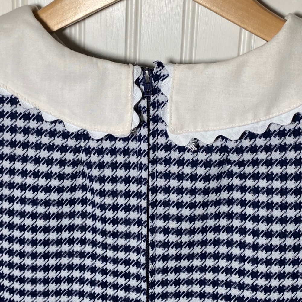 Handmade Vintage Navy White Houndstooth Scalloped Collar Dress Kitschy Mod - M/L - Picture 8 of 12